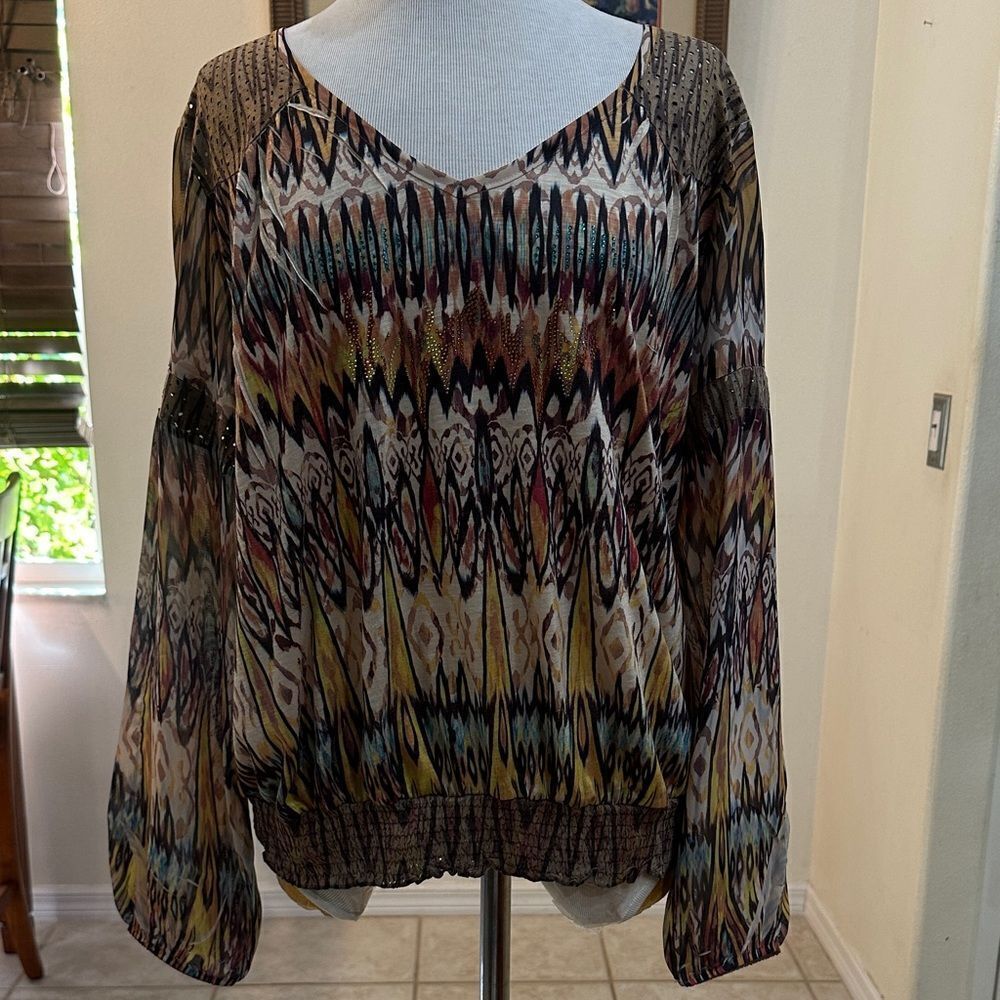 Chico’s Multicolor Patterned Women's Top w/ Faux Suede Trim Size 1-MEDIUM